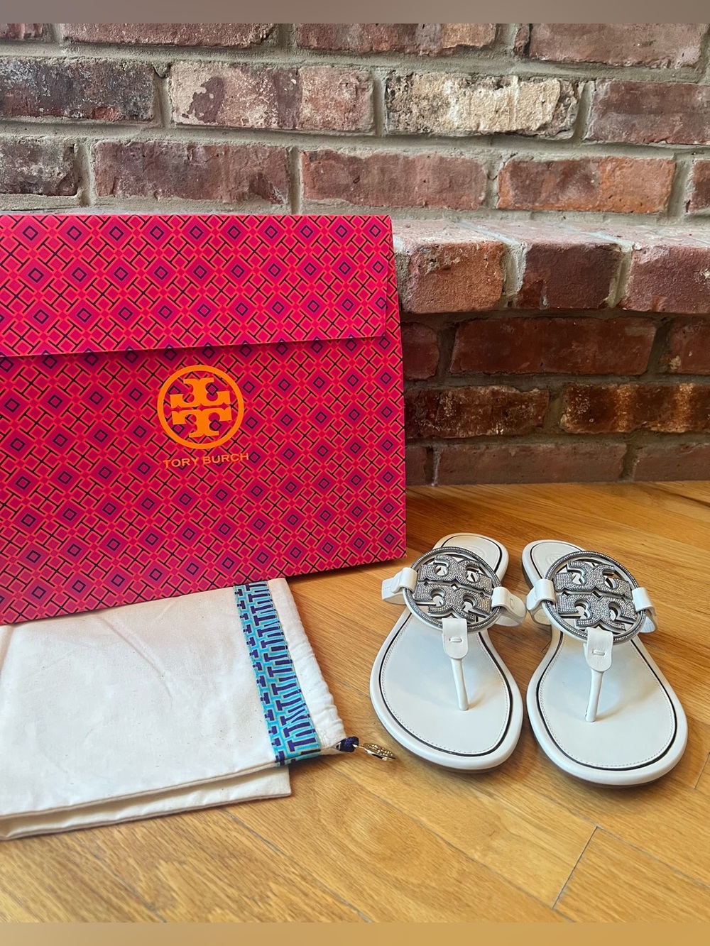 Tory Burch Bleach Ivory & Silver Metal Crystal Embellished Miller Sandals